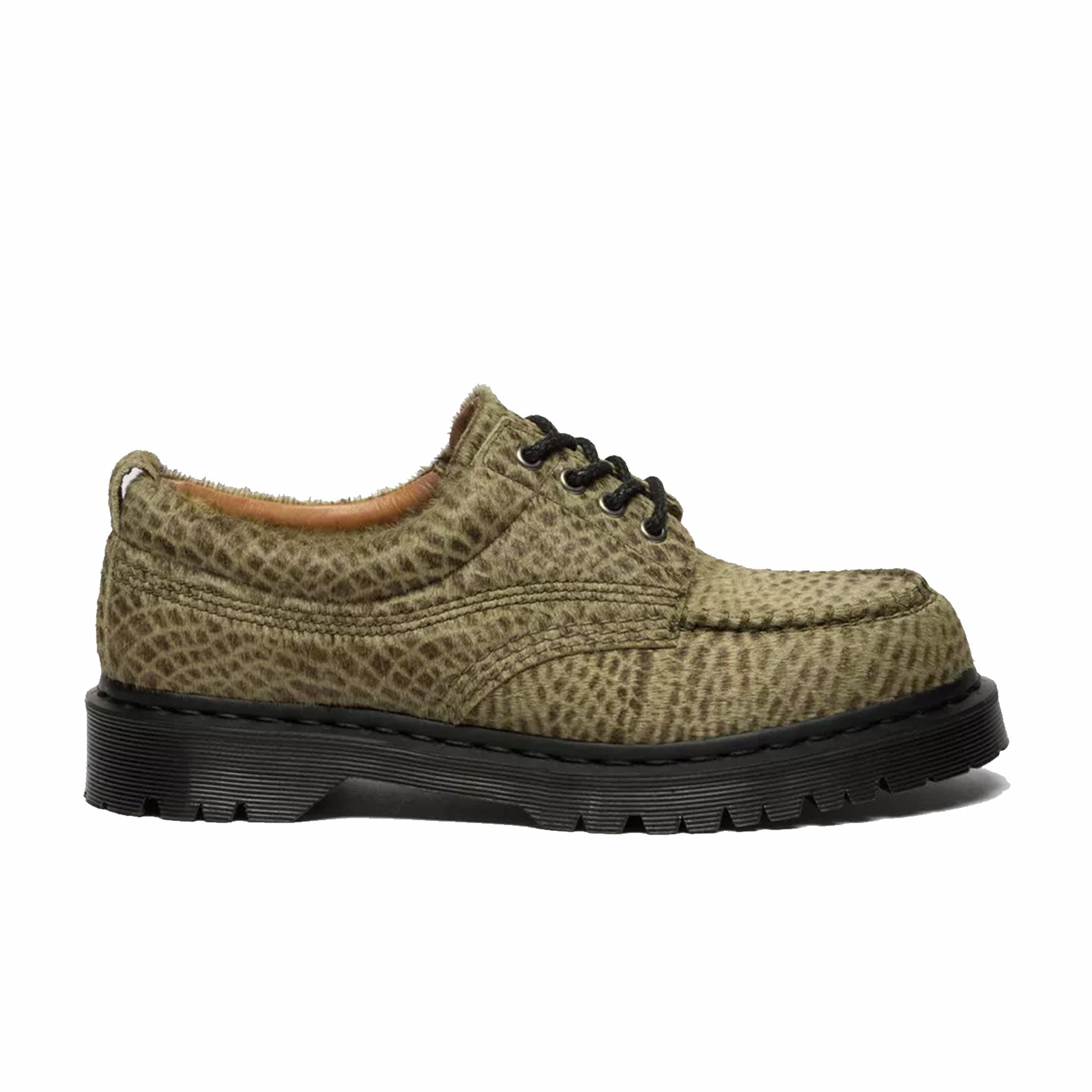 Dr. Martens Unisex Lowell Hair On Leather Moc Toe Shoes - Pebble Emboss (Olive Green)