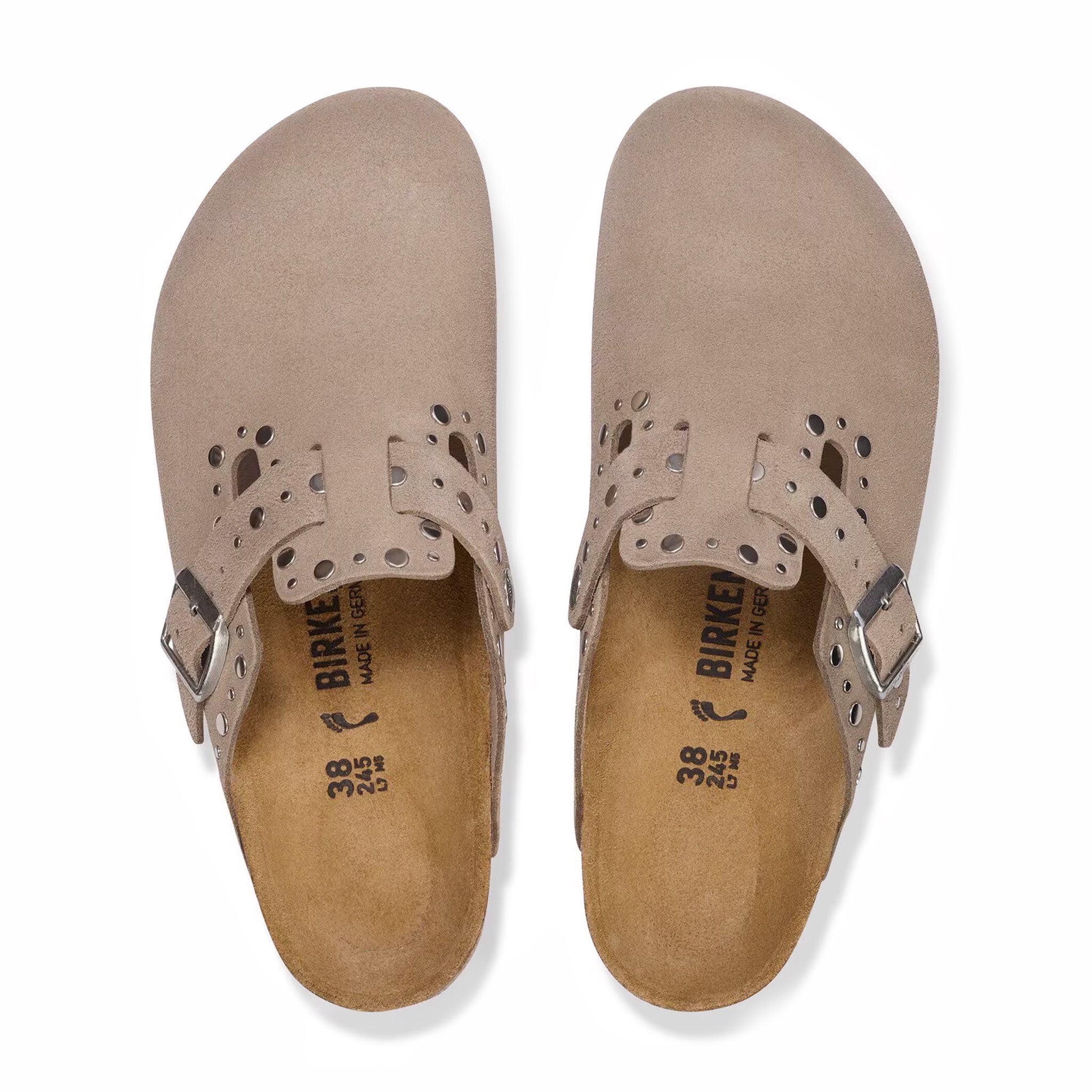Birkenstock Unisex Boston Rivets Soft Footbed Suede Leather - Narrow (Taupe) - August Shop