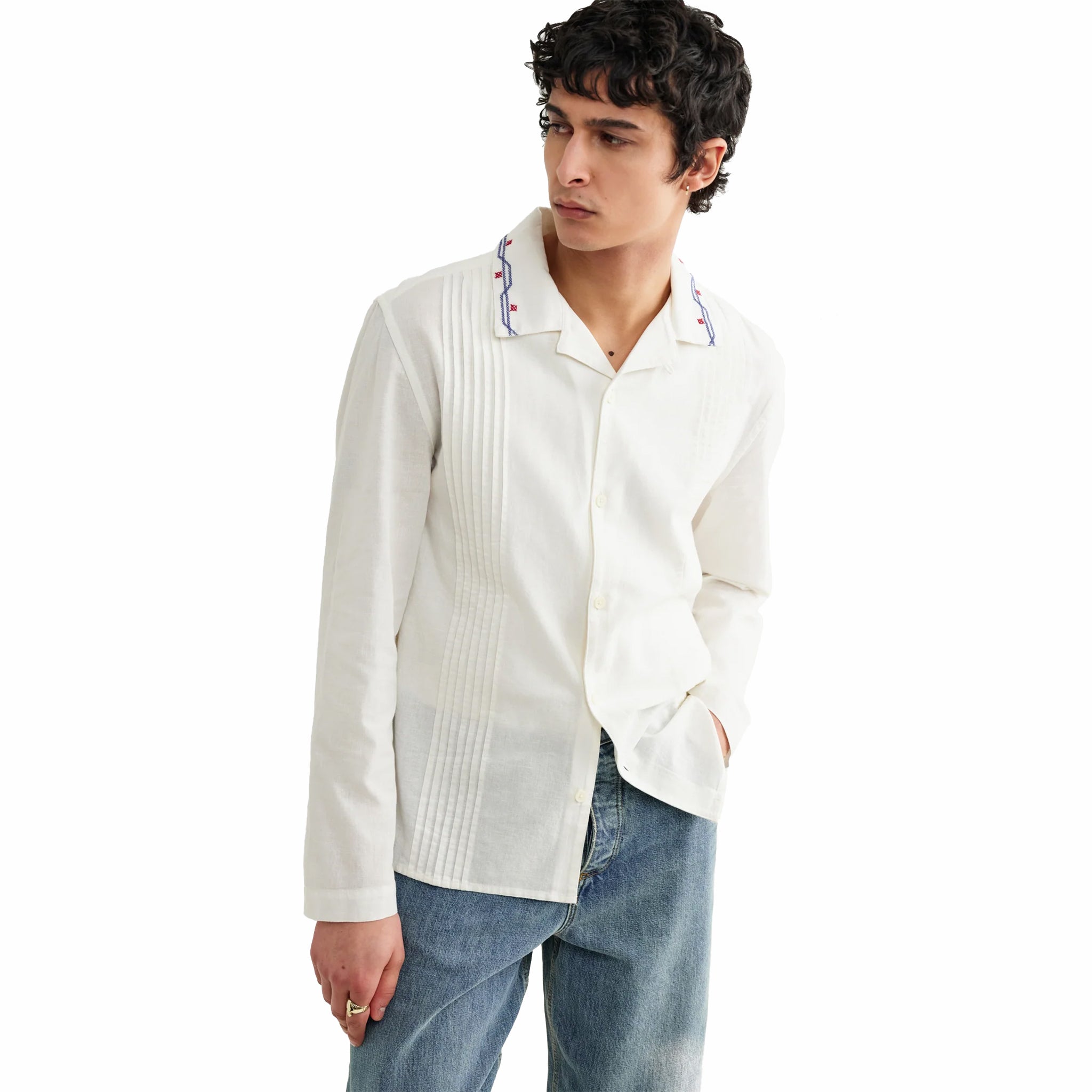 Wax London Corey LS Shirt - Pintuck Border (Ecru) - August Shop