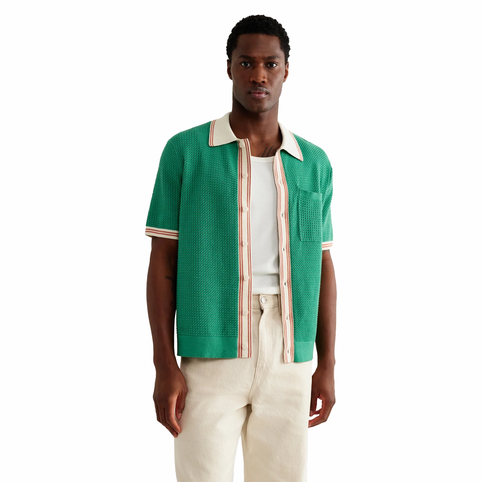 Wax London Belle SS Shirt - Tipped Pointelle (Green/Ecru) - August Shop