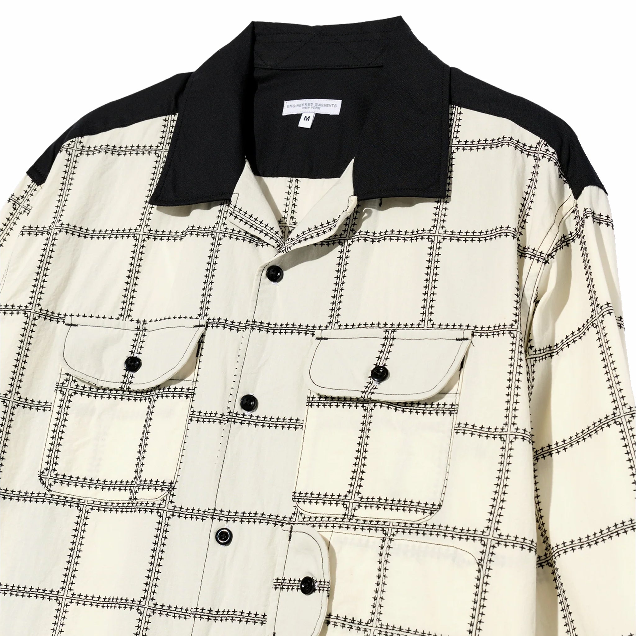 Engineered Garments Bowling Shirt - CP Square Embroidery (White/Black) - August Shop