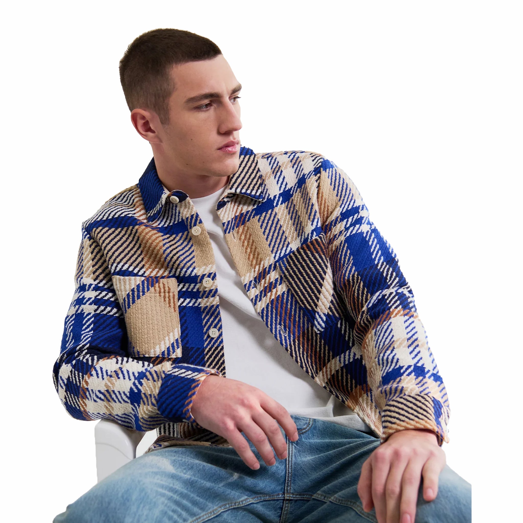 Wax London Whiting Overshirt - Bold Check (Blue/Tan) - August Shop