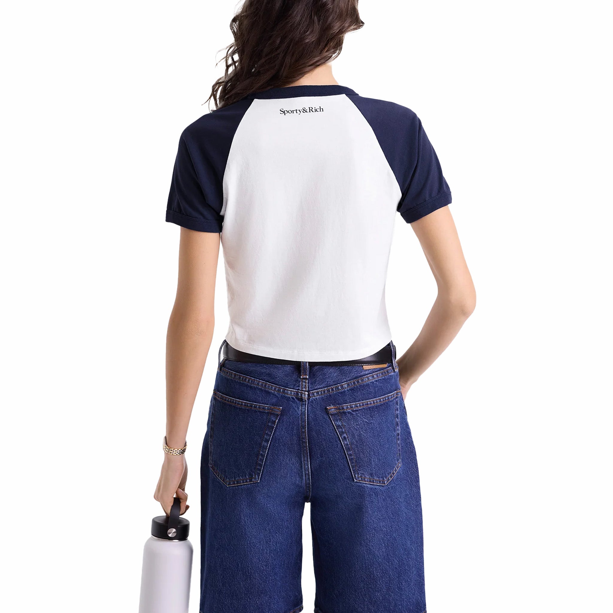 Sporty &amp; Rich Women's Wellness Club Flocked Baby Tee (White/Navy) - August Shop