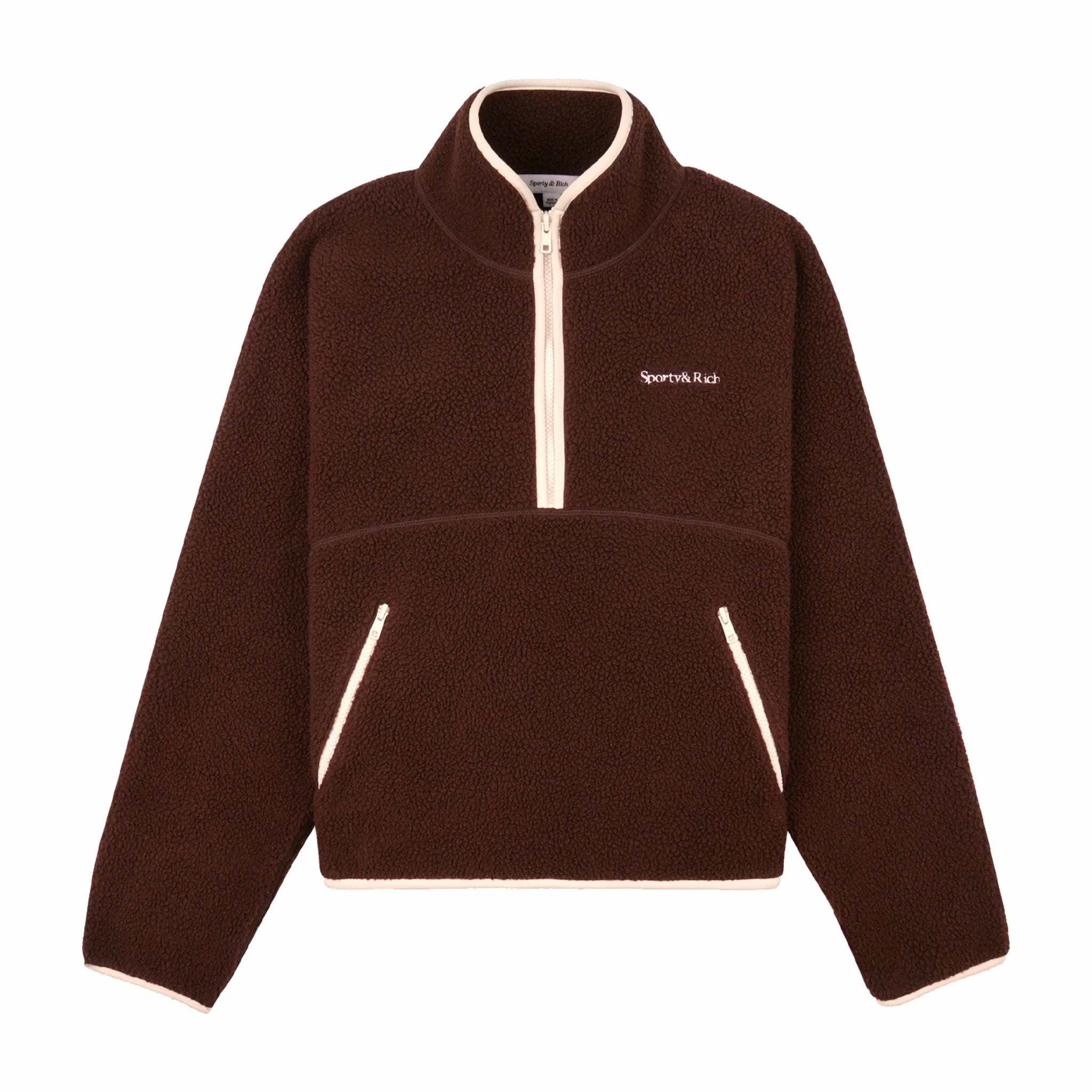 Sporty &amp; Rich Serif Logo Sherpa Quarter Zip (Chocolate/Cream) - August Shop