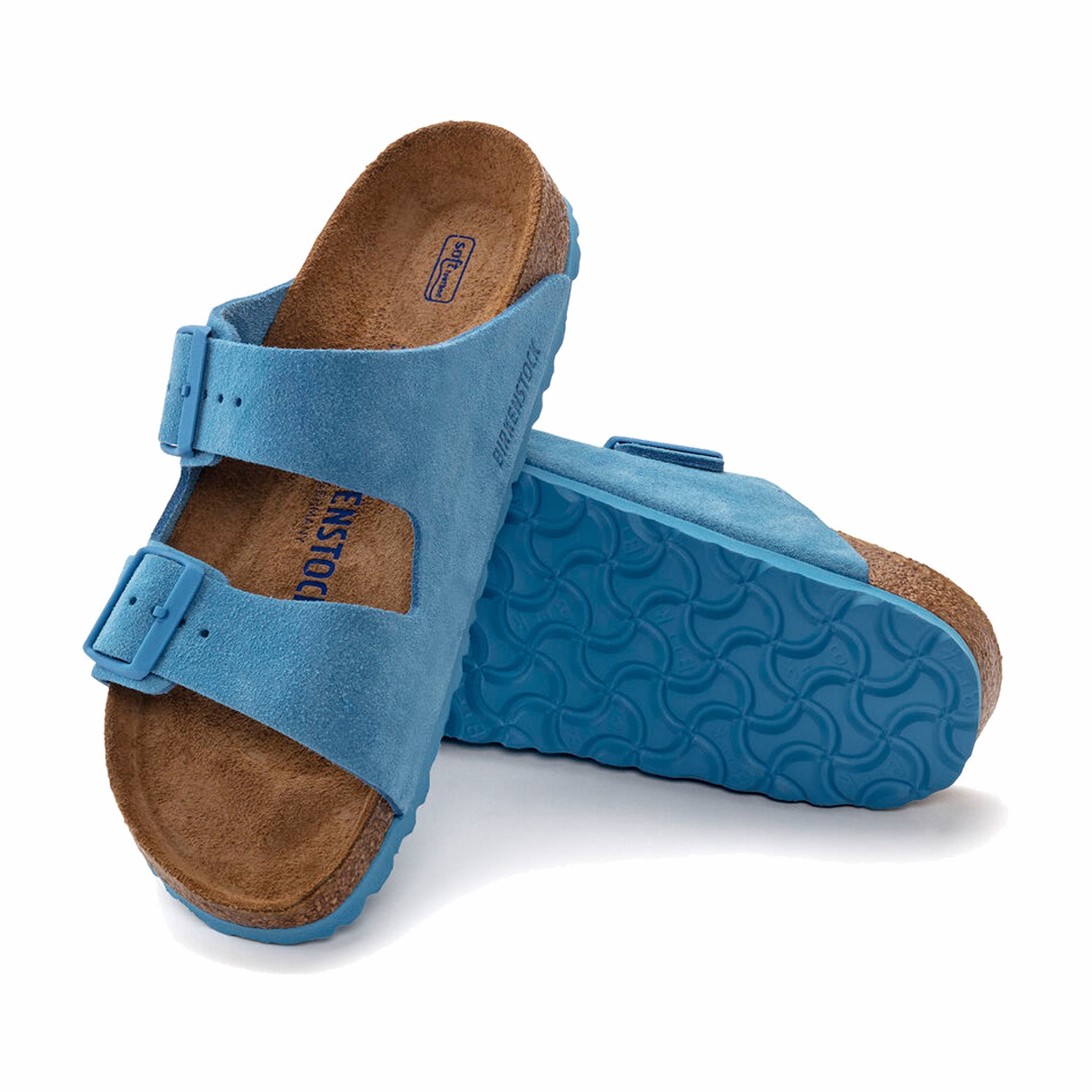 Birkenstock Women&#39;s Arizona Soft Footbed Suede Leather - Narrow (Sky Blue) - August Shop