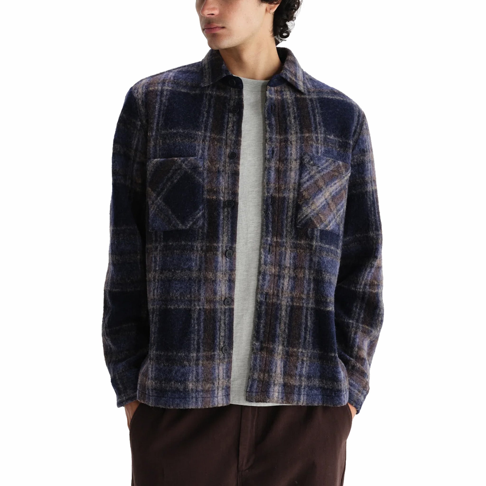 Wax London Whiting Overshirt - Wool Blend Check (Navy) - August Shop