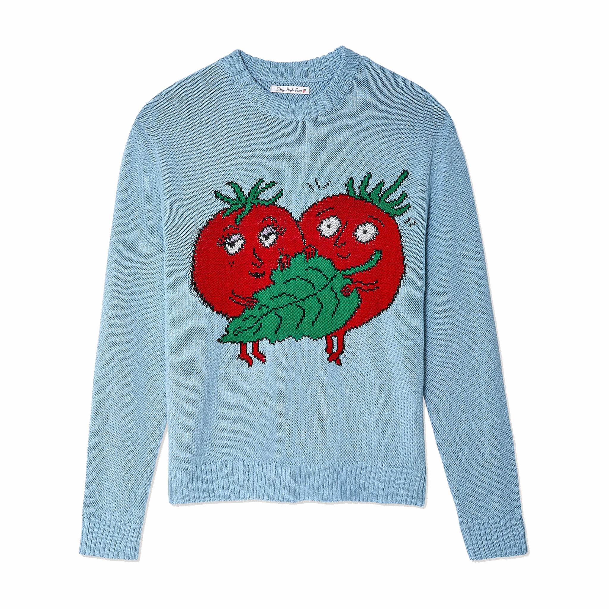 Sky High Farm Workwear Happy Tomatoes Intarsia Knit Sweater (Light Blue) - August Shop